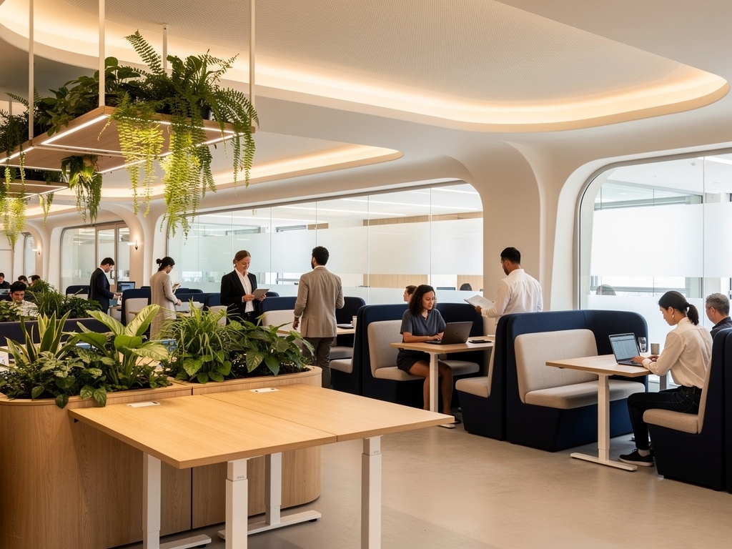 Espacio de trabajo del futuro con diseño sostenible y tecnología integrada